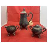 3 Pcs - Silver Toned Teapot - Sugar - Creamer