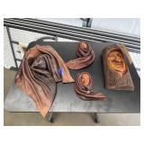 4 Pcs - 3 Leather Sculptures & Wood Carving