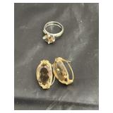 925 14K Smoky Topaz Ring w/Earrings