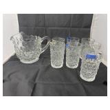7 - Clear Glass Tumblers w/Matching Pitcher