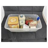 Assorted Vintage Tins in Plastic Bin
