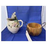 Wood Basket & Pottery Pitcher