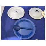 2 - Enameled Lids & Camping Plate & Spoon