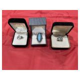3 Faux Turquoise & Silver Toned Rings
