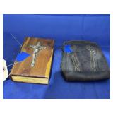 Wooden Book Storage & Vintage Leather Bag