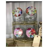 4 - Pioneer Woman Glass Canisters in Metal Rack