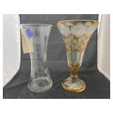 2 Glass Vases - Etched & Yellow Cut to Clear