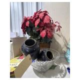Glass Punch Bowl & 2 Vases - Poinsettia Picks