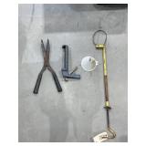 4 pc Funnel, caulk gun, hedge trimmers &