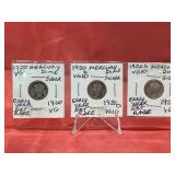 (3) Mercury Dimes 1920 PDS Rarer Early Year Set