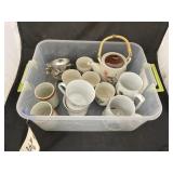 Plastic Bin w/Oriental Teapot & Cups - Mugs