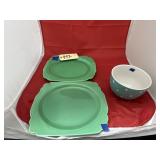 3 Pcs - Green Plates & Soup Bowl
