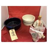2 Crock Dishes & Doll
