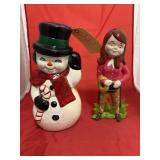 Ceramic Snowman & Girl Figurine