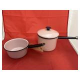 2 - Small Pink Granite Pots w/1 Lid