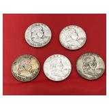 5 - 90% Silver Benjamin Half Dollars