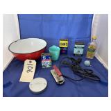 Enameled Bowl w/Vintage Tins - Glass Bottle