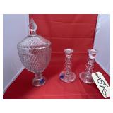 Clear Glass Candy Jar w/Lid & 2 Candle Sticks