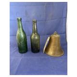 2 - Vintage Green Glass Bottles & Brass Bell