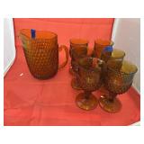 6 Pcs - Amber Glass Pitcher & Goblets