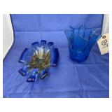 Blue Clear Glass Vase & Blue/Amber Trivet