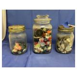 3 Glass jars w/Buttons