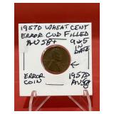 1957 D Wheat Cent Rare ï¿½Error Coinï¿½ Filled 9 & 5 i