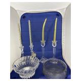 4 - Glass Candlestick Holders & 2 Clear Bowls