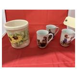 3 - Norman Rockwell Tea Cups & Painted Crock