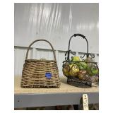 Metal Basket w/Faux Fruit 17'H & Wicker Basket