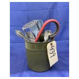 Green Crock w/Assorted Kitchen Utensils
