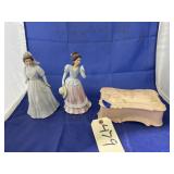 Trinket Box w/Contents & 2 Porcelain Figurines