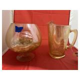 Amber Water Pitcher w/Glass Vase & Marbles