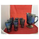 Blue Carnival Glass Pitcher & 8 Tumblers