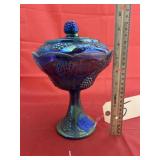 Blue Carnival Glass Candy Dish w/Lid