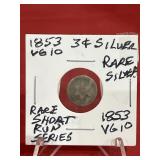 1853 3 Cent Silver Rare Short Run Series VG10
