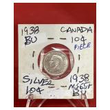 1938 Canadian 10 Cents Silver Rarer Date BU MS65