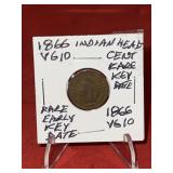 1866 Indian Head Cent Very Rare Early Key Date VG1