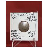 1874 Indian Head Cent Rare Semi-Key Date VG