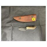 Damascus 2' Fixed Blade Knife in Leather Sheath