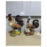 2 - Porcelain Rooster Statues 15'H & smaller