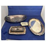 2 - Silver Toned Trays & Butter Dish w/Lid