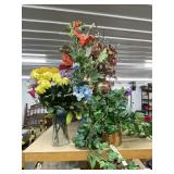 2 - Glass Vases w/Faux Flowers & Metal Vase
