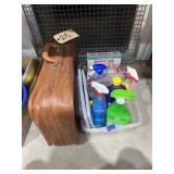 Leather Suitcase & Assorted Cleaning Supplies