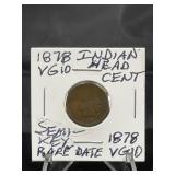 1878 Indian Head Cent RARE Semi-Key Date VG10