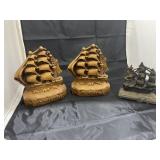 Pair Carved Bookends & 1 Metal Bookend