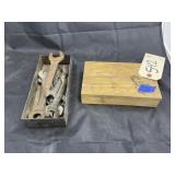 Assorted Wrenches & Woode Box w/Drill Bits