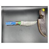 Fixed Blade Damascus Steel Knife w/Leather Sheath