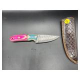 Fixed Blade Damascus Steel Knife w/Leather Sheath