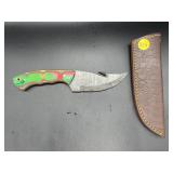 Fixed Blade Damascus Steel Knife w/Leather Sheath